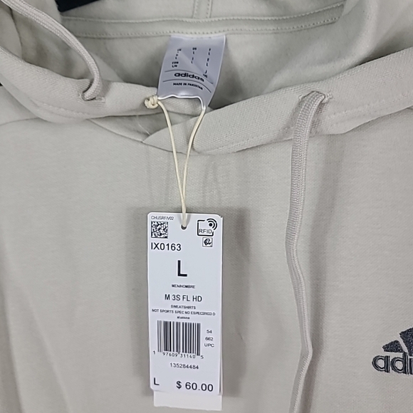 NEW Adidas Men's 3-Stripes Hoodie Hooded Sweatshirt Pullover In Ivory/Grey Sz L - Picture 3 of 5
